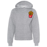 Hobo Lax Always Salty youth lacrosse hoodie in heather grey color featuring lacrosse stick French fries graphic